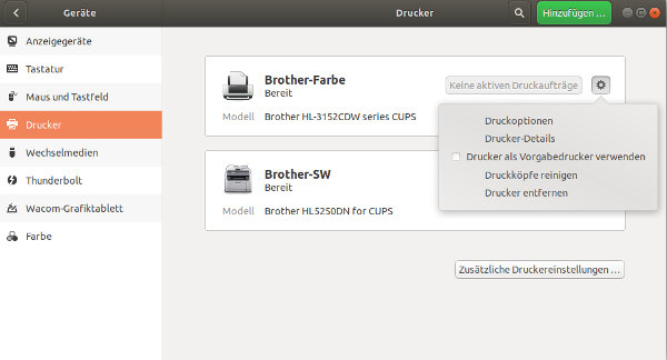 Ubuntu-Einstellungen > Geräte > Drucker